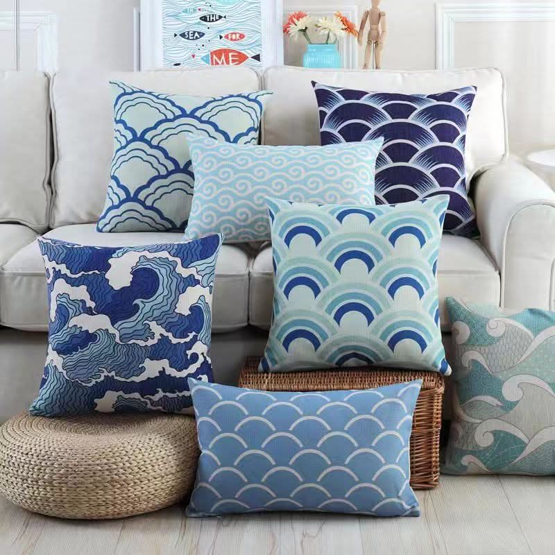 1 pc Mediterranean Sofa Cushion – Blue Square Pattern, Jacquard Cotton & Linenow