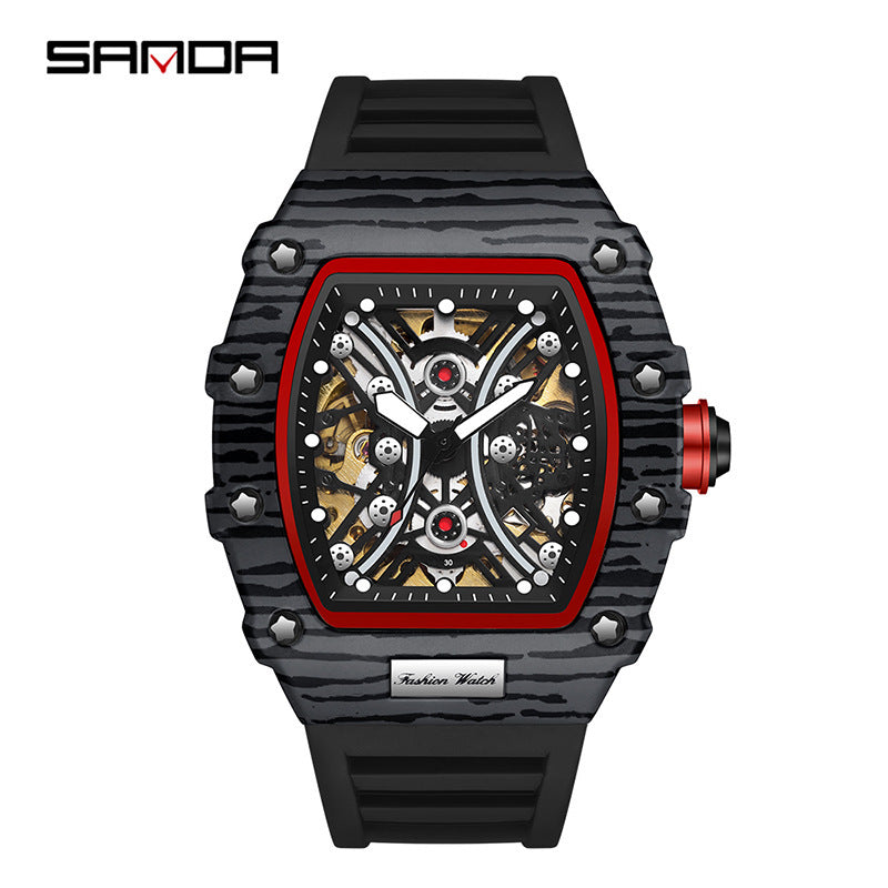 Sanda Men’s Barrel-Shaped Automatic Mechanical Watch – Luminous Hollow Dial