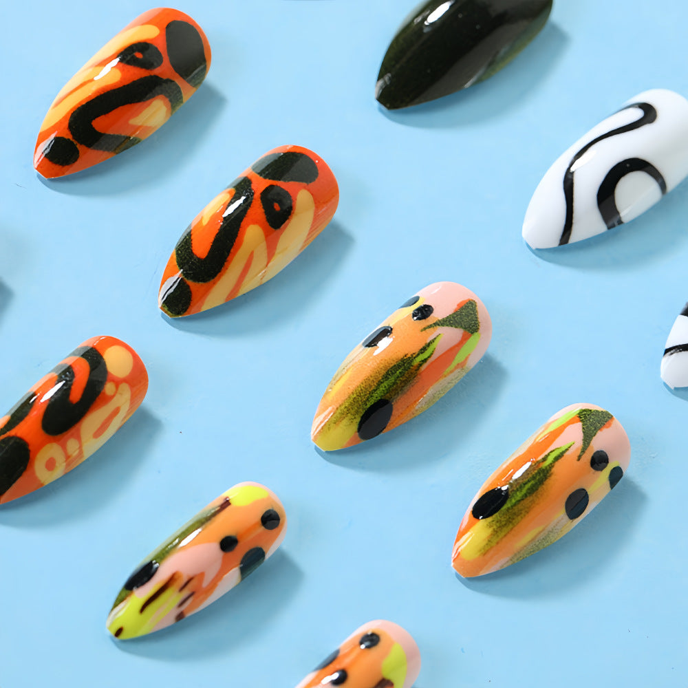 Eclectic Abstract Almond Press-On Nails – Graffiti-Inspired Design, Reusable Nail Art Set
