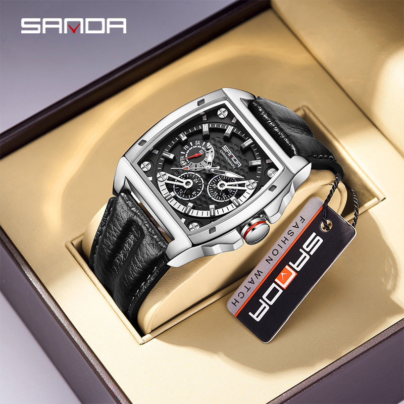 SANDA Luminous Square Men’s Quartz Watch – Leather Strap Business Waterproof Watch