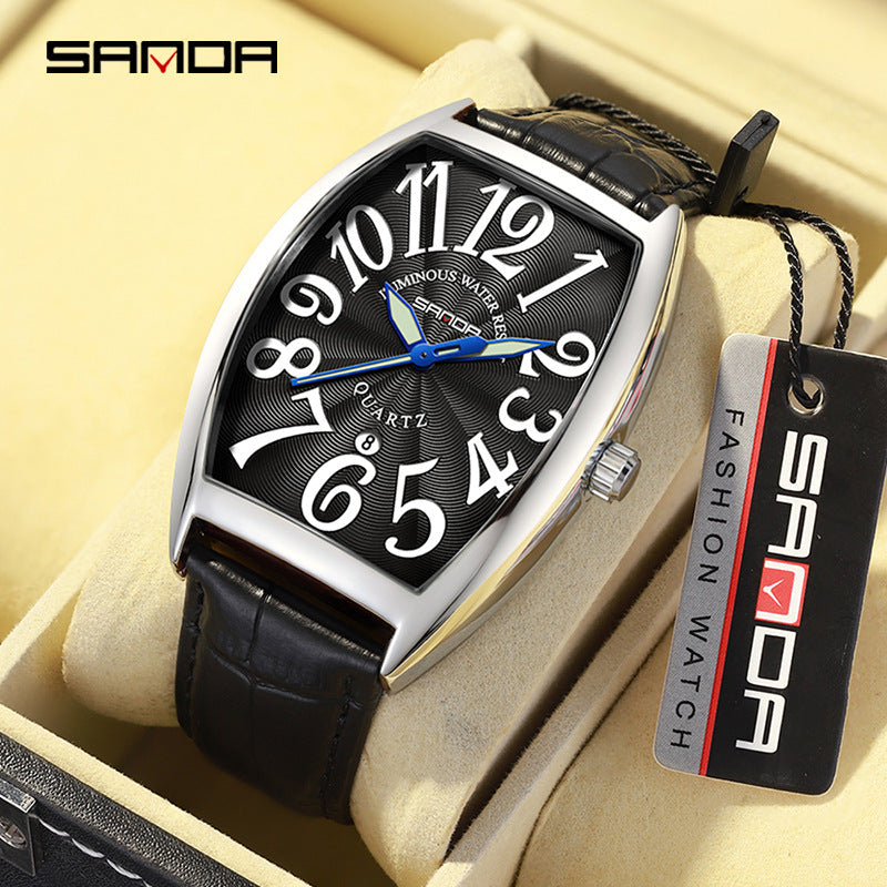 Sanda Men’s Quartz Digital & Analog Watch – Leather Strap Barrel Dial with Calendar