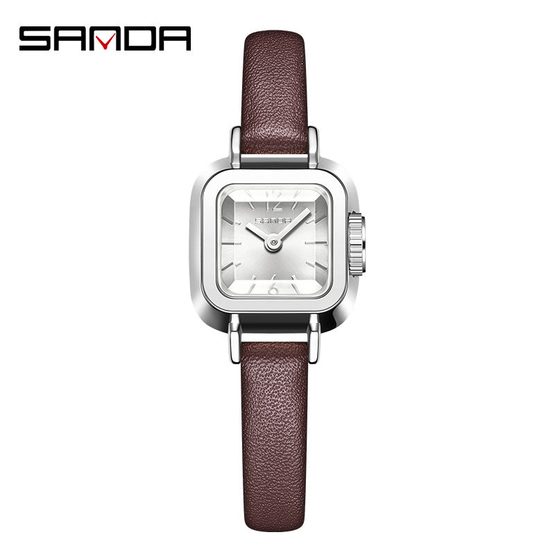 Sanda Women’s Square Quartz Watch – Leather Strap, Roman Dial, Waterproof Casual Watch
