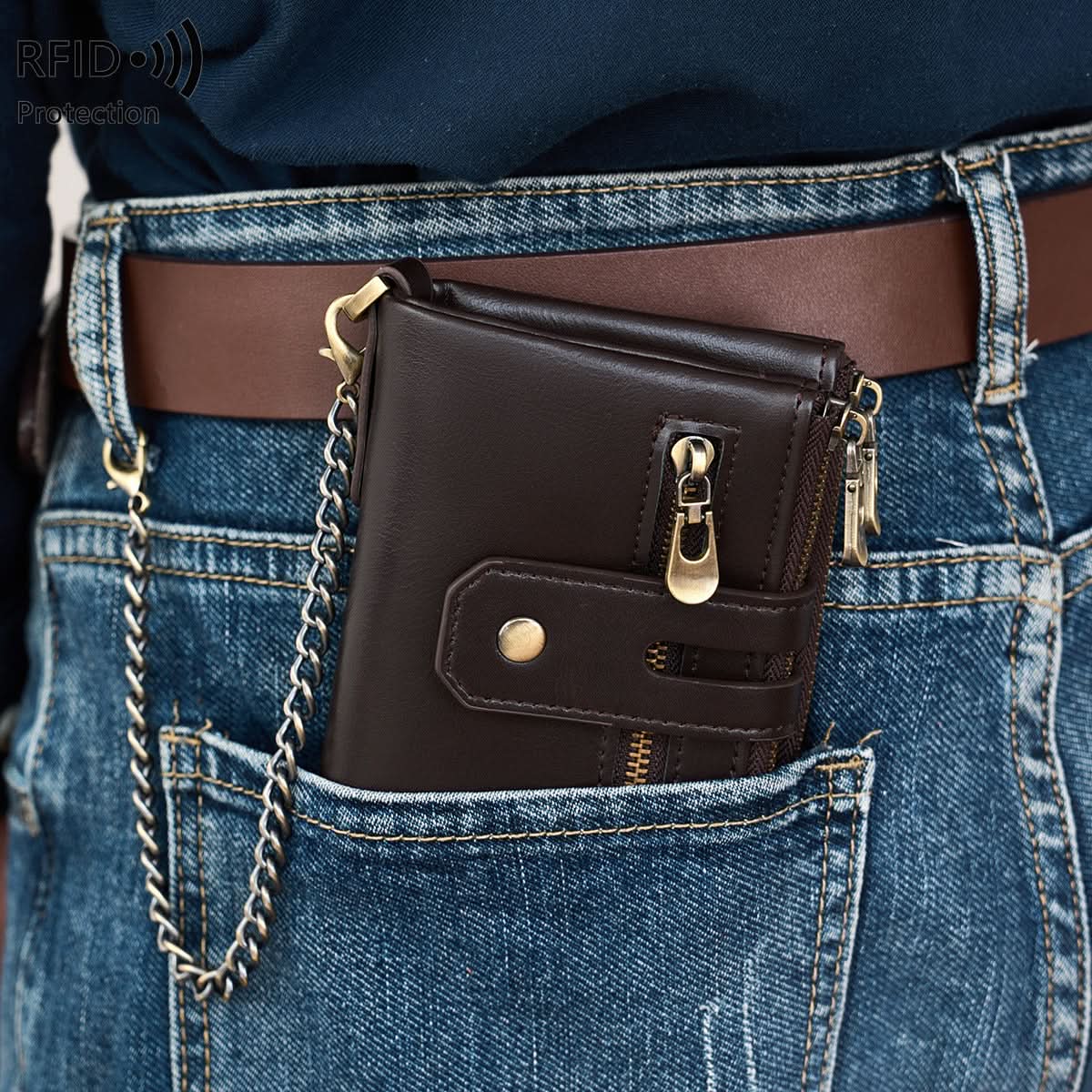 Men’s RFID-Blocking Leather Wallet – Trifold Design with Coin Pocket