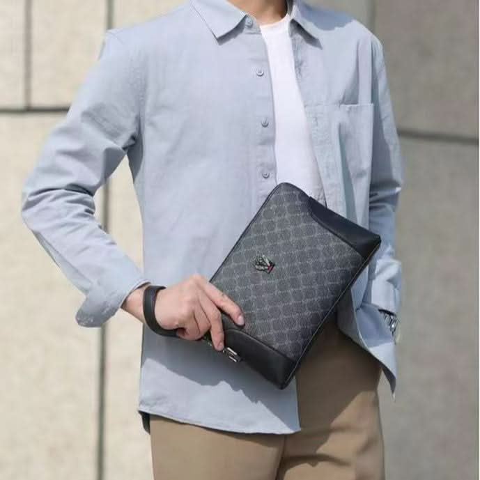 Men’s Retro Plaid PU Leather Clutch Bag – Large-Capacity Business Handbag