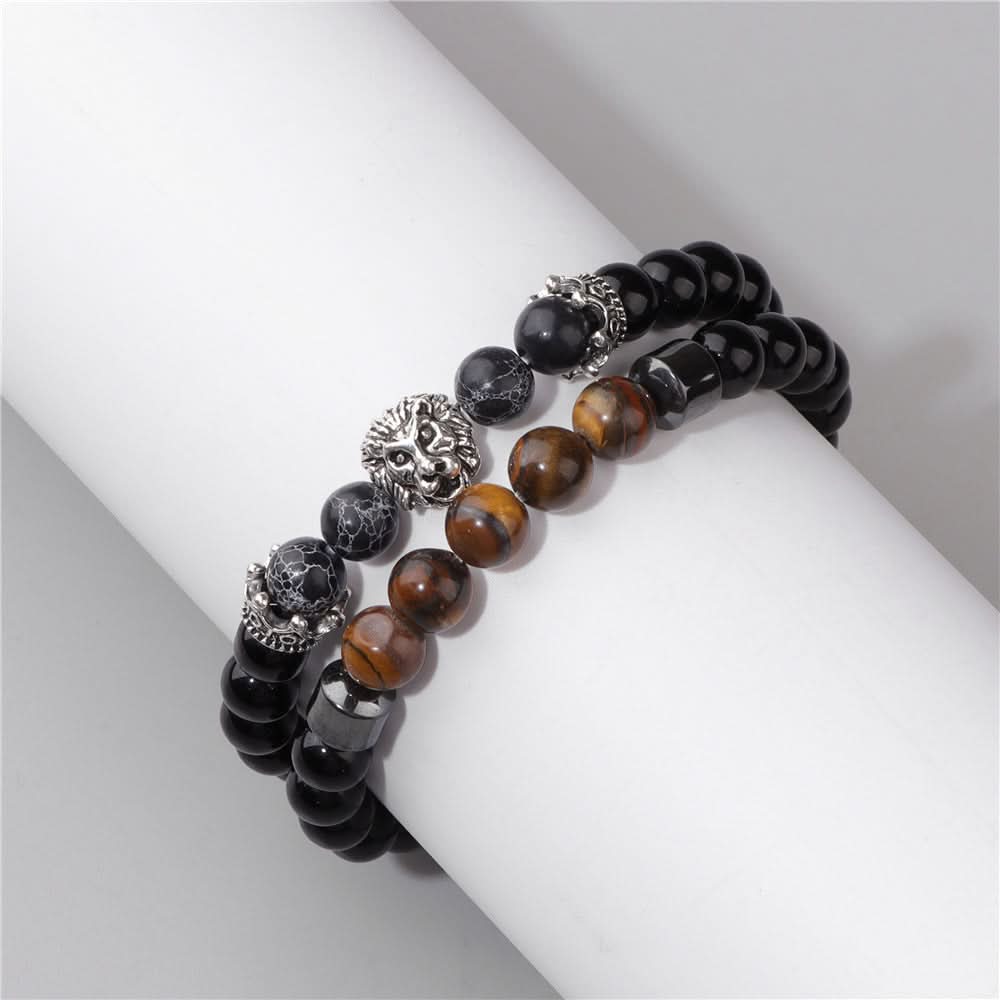 Unisex Double-Layer Lion Agate Bead Bracelet – Retro Black Stone