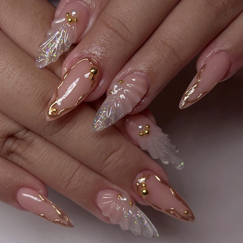 3D Glitter Wing Press-On Nails – Long Stiletto Nude Nails with Gold Accents