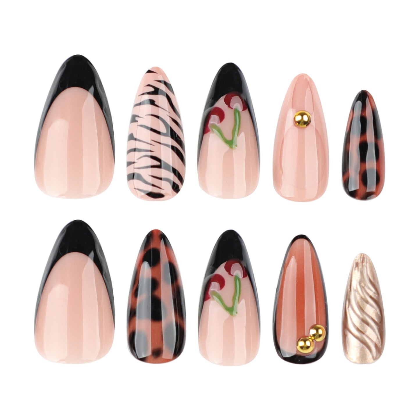 Stiletto Press-On Nails with French Tips & 3D Cherry Design – Trendy Glossy Set