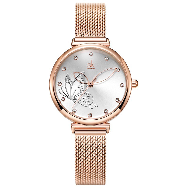 SK Women’s Quartz Watch – 3D Butterfly Dial, Stainless Steel Strap, Waterproof Wristwatch
