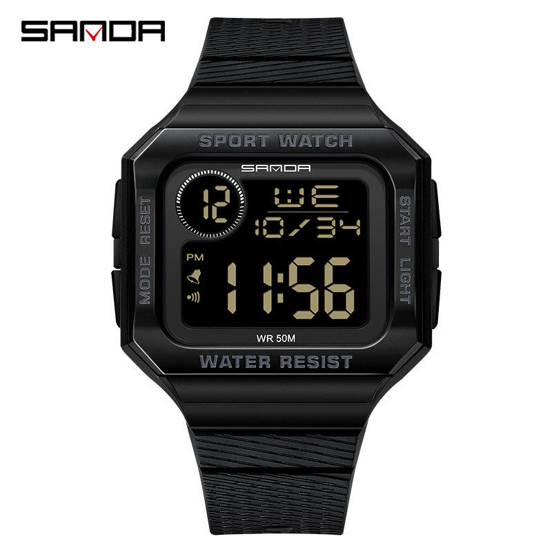SANDA Digital Square Watch – Unisex Luminous Waterproof Multi-Function Alarm Watch