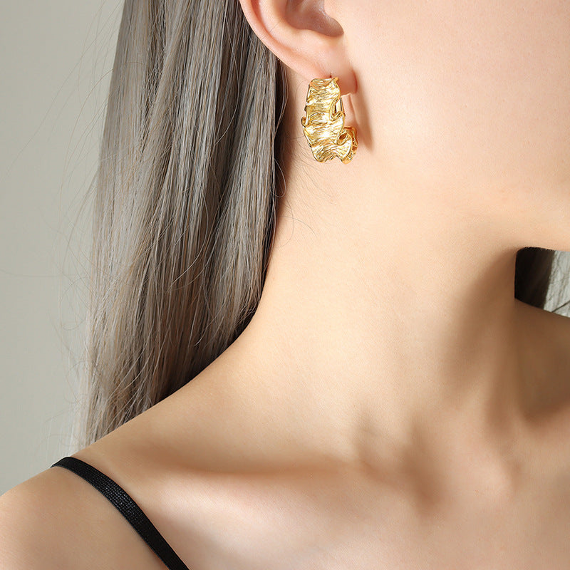 Gold-Plated Geometric Earrings for Women – Titanium Steel, Textured Statement Ear Buckle
