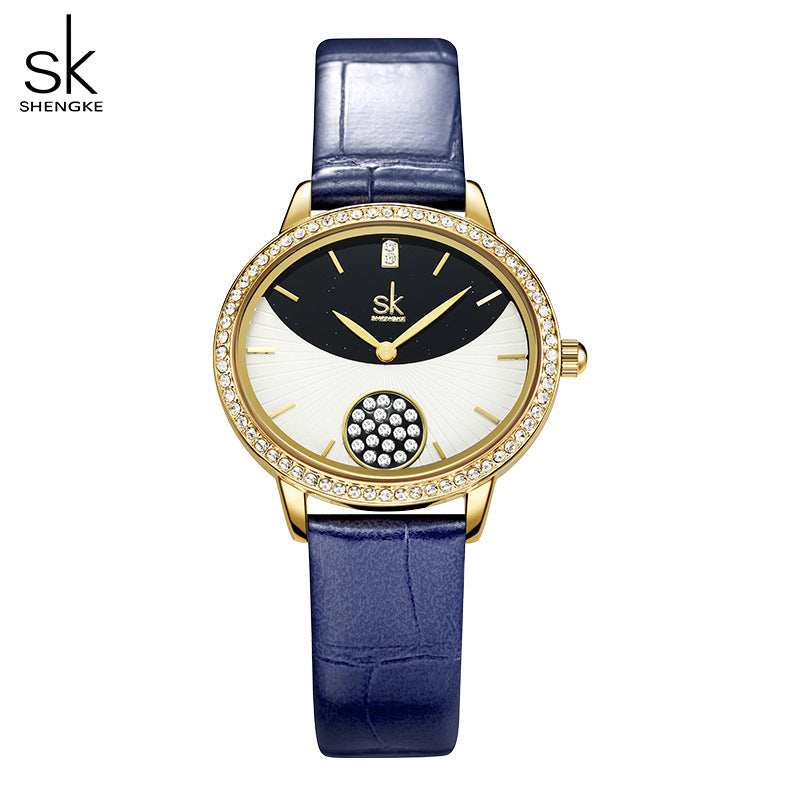 SK Women’s Diamond Quartz Watch – Casual Leather Strap, 30M Waterproof Round Dial