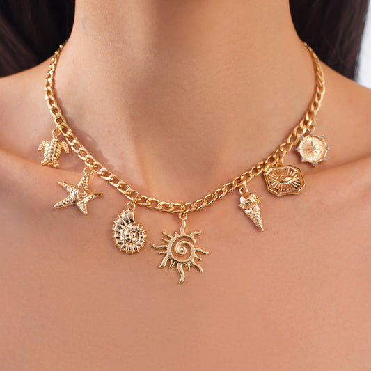 Gold Sea Charms Necklace – Summer Beach Vibes Charm Chain Pendant Jewelry