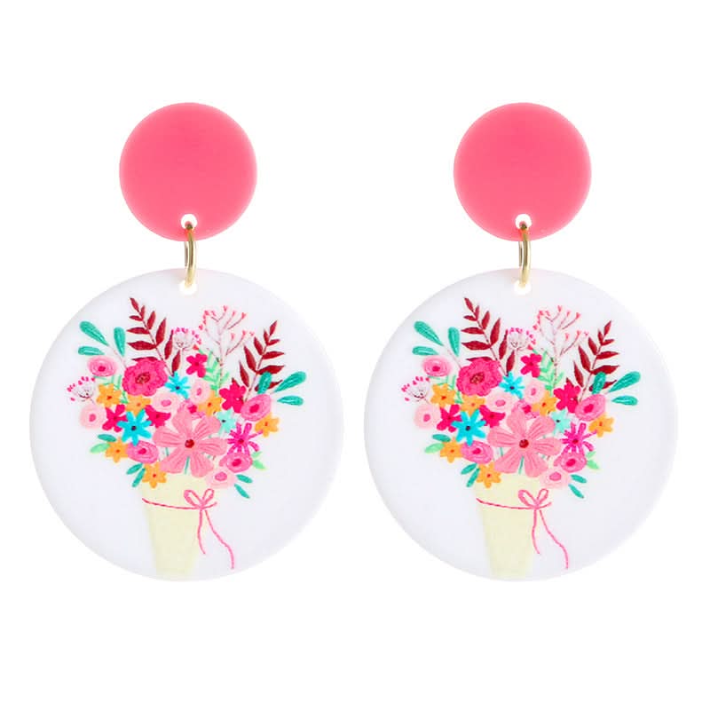 Retro Round Acrylic Plate Flower Earrings – Embossed Print