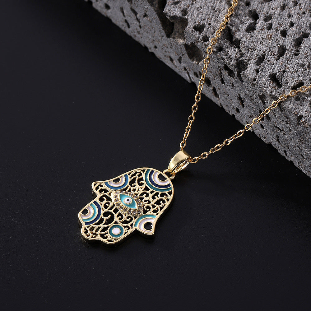 Evil Eye Palm Pendant Necklace – Unisex Hip Hop Gold-Plated Copper Chain