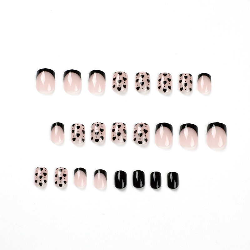 Black French Tip Press-On Nails with Heart Design – Square Glue-On Nail Art