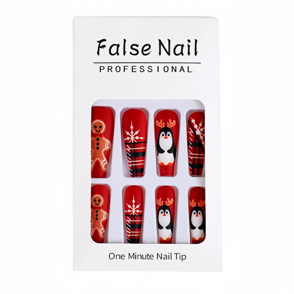 Festive Red Coffin Press-On Nails – Penguin & Gingerbread Design Nail Art