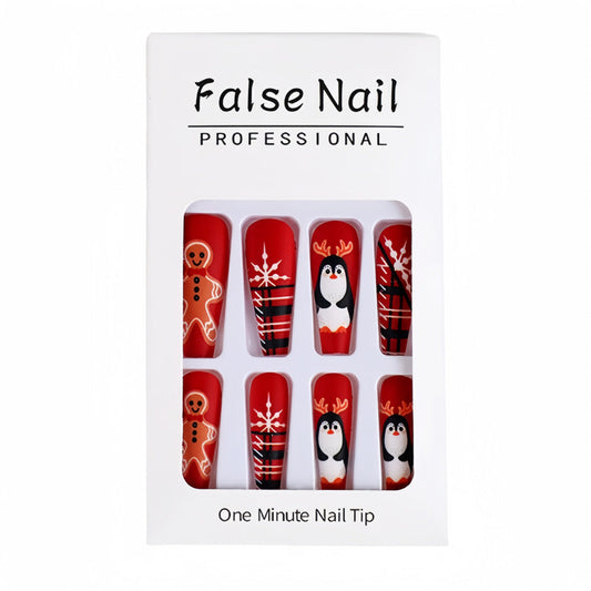 Festive Red Coffin Press-On Nails – Penguin & Gingerbread Design Nail Art