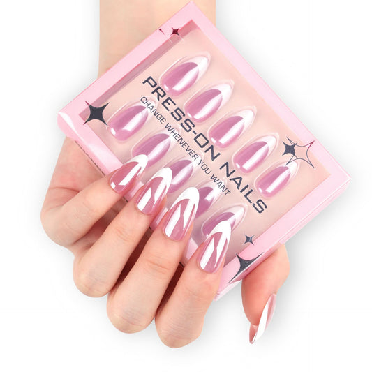 Pink French Almond Press-On Nails – Short, Pre-Coated Nail Art Set