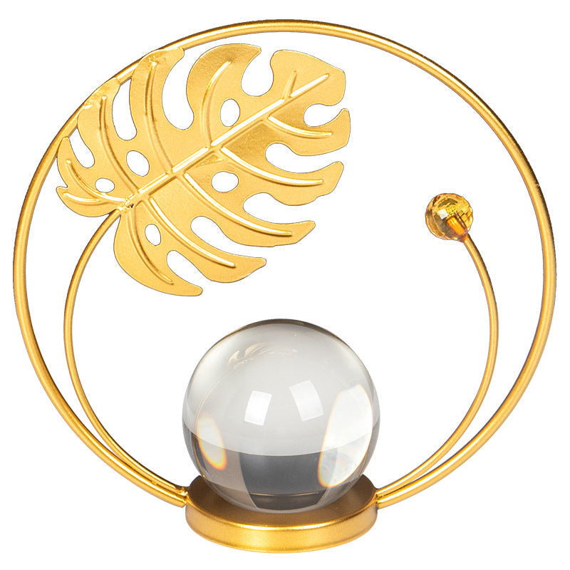 Modern Gold Iron Crystal Ball Leaf Ornament – Home Decor Accent