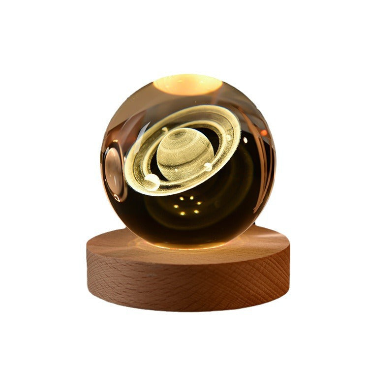 Astronaut Crystal Ball Night Light – 3D Carved Solar System LED Lamp with Wooden Base