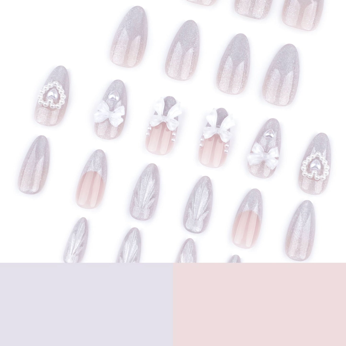 Almond French Press-On Nails – 3D Bow & Pearl Cat Eye False Nail Set