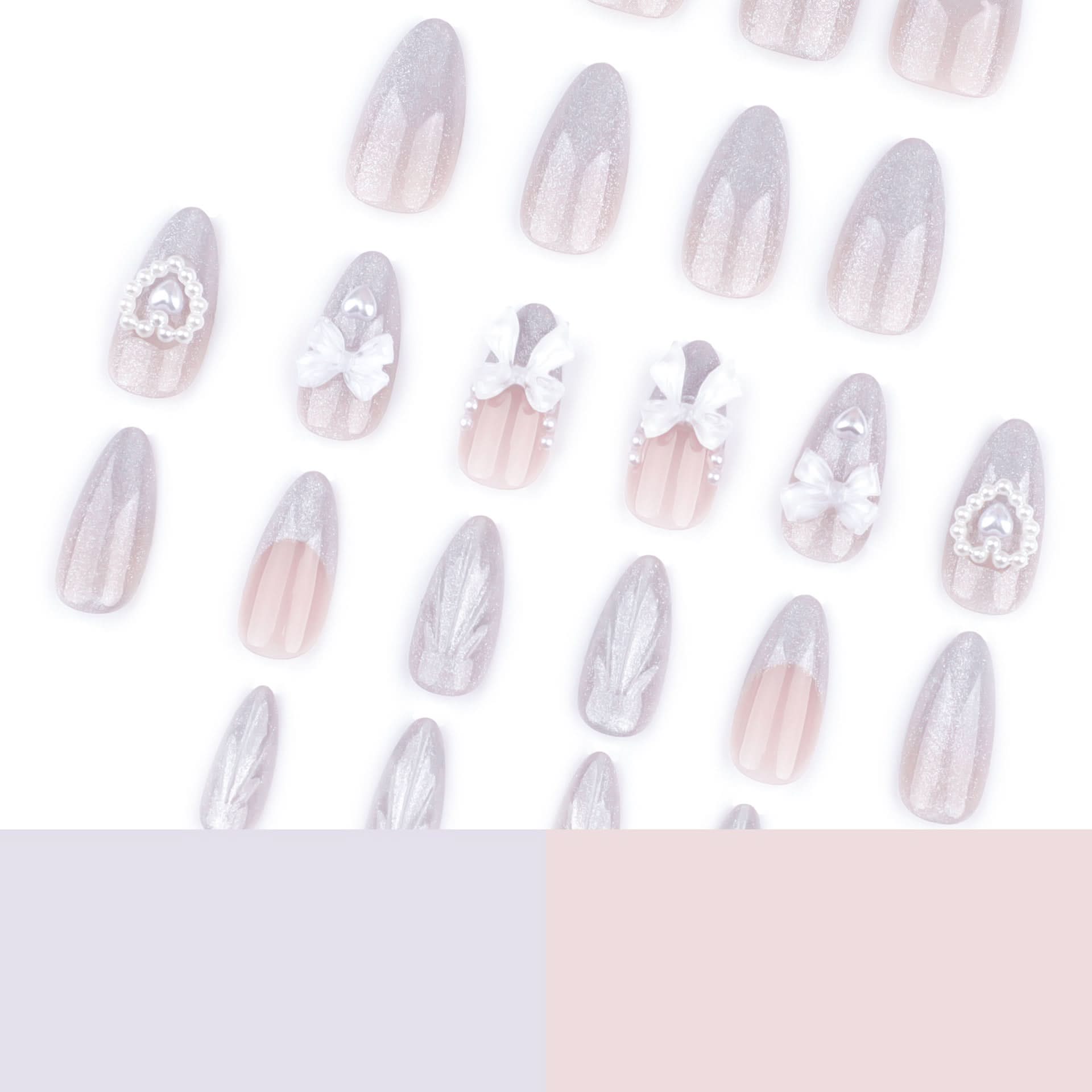 Almond French Press-On Nails – 3D Bow & Pearl Cat Eye False Nail Set