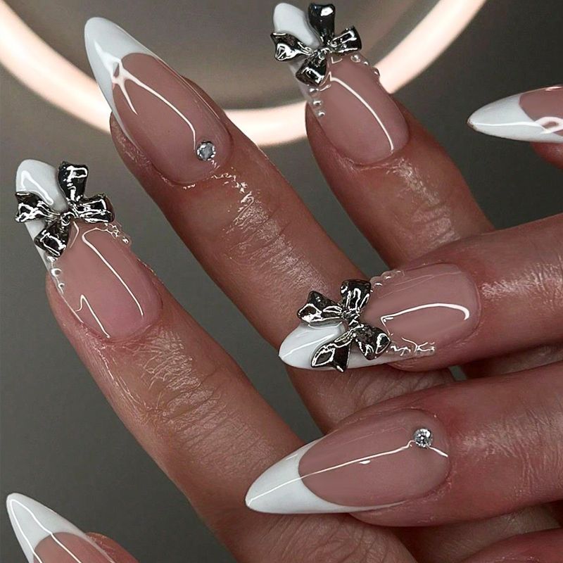 French Tip Press-On Nails – Long Nude Acrylic False Nails with Bow & Rhinestones