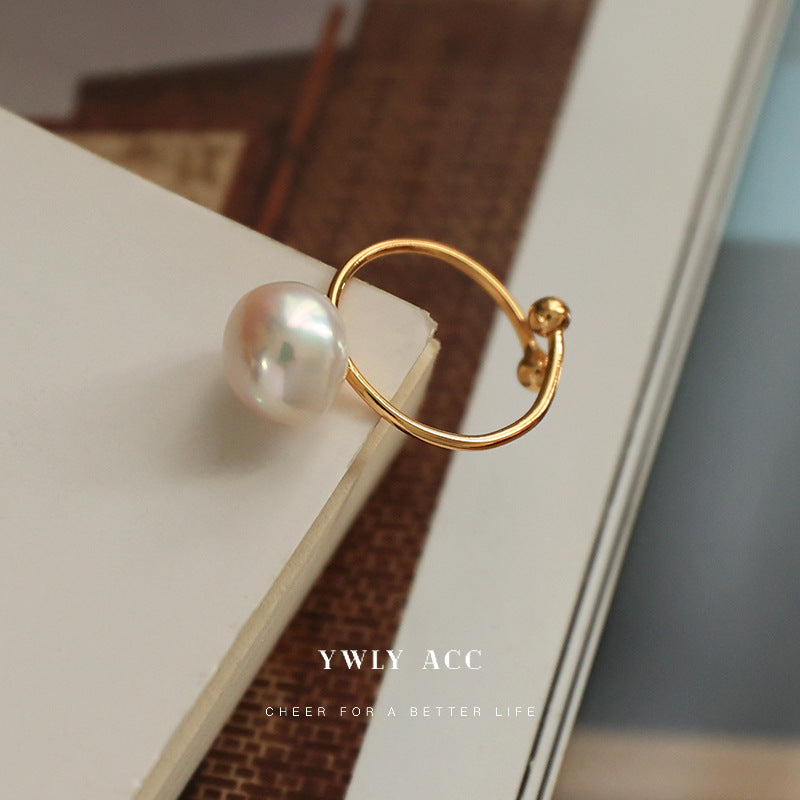 Baroque Pearl Open Ring – Elegant Adjustable Gold Ring for Women