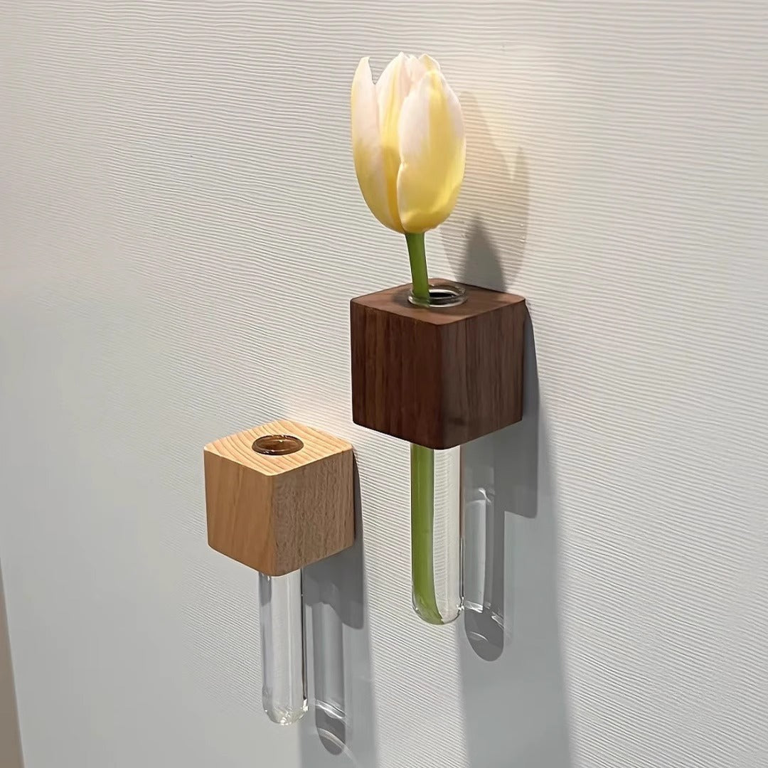 Magnetic Wooden Flower Vase – Test Tube Fridge Decor, Solid Wood Mini Planter