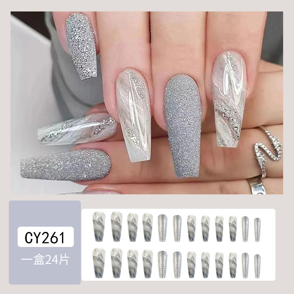 Marble Glitter Press-On Nails – Square Silver & White Acrylic Glue-On Set