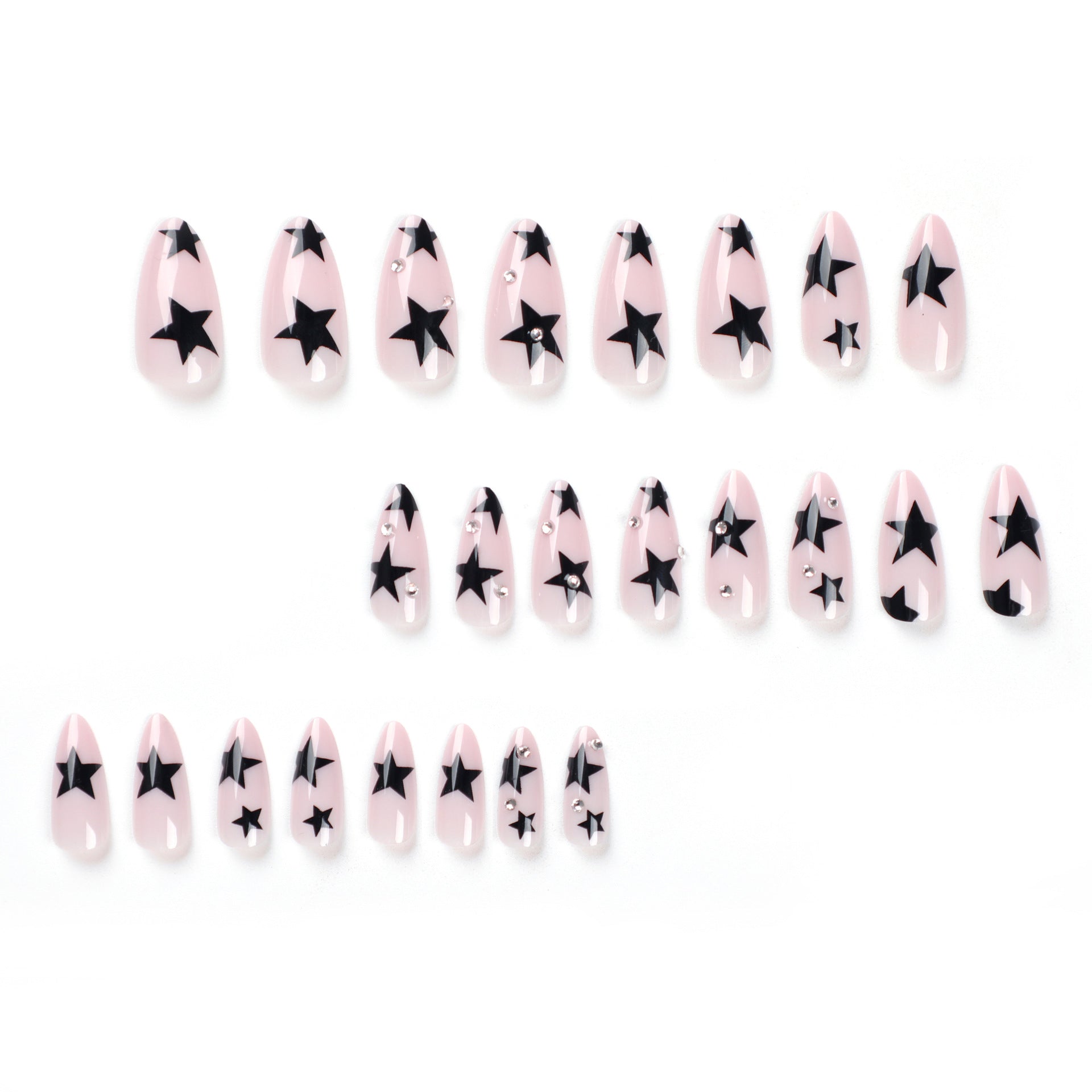 Pink and Black Coffin Press-On Nails – Glossy Rhinestone Star Design Set