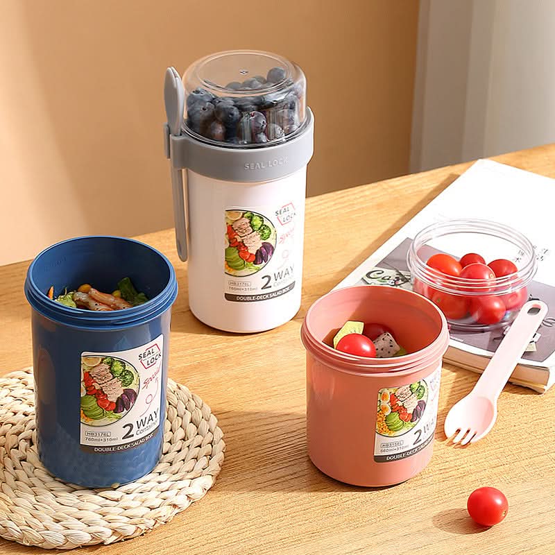 Double-Layer Yogurt & Salad Cup – Portable Breakfast Container with Fork