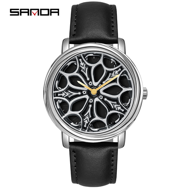 Sanda Men’s Leather Quartz Watch – Rotating Floral Dial, Casual Waterproof Timepiece