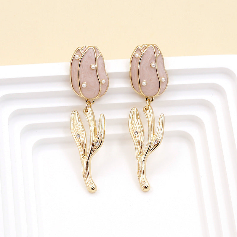 Women’s Retro Tulip Pearl Earrings – Alloy Diamond Drop Jewelry