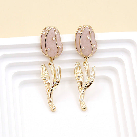 Women’s Retro Tulip Pearl Earrings – Alloy Diamond Drop Jewelry