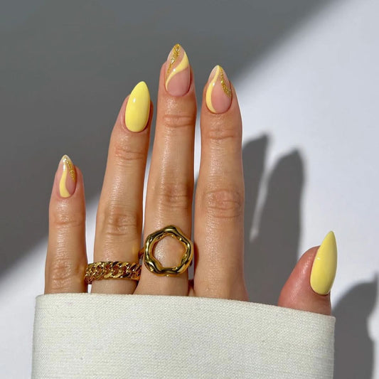 French Press-On Nails – Solid Yellow Almond Shape, Simple Nail Art Tips
