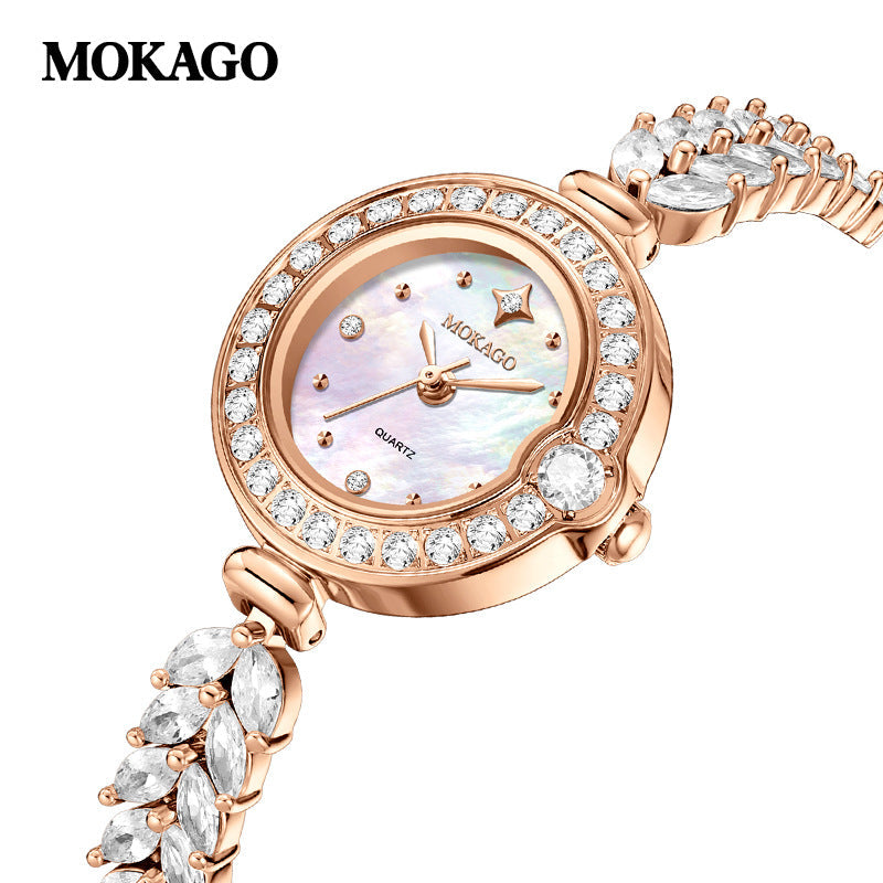 MOKAGO Women’s Quartz Watch – Round Dial, Full Diamond Fishtail Bracelet Watch