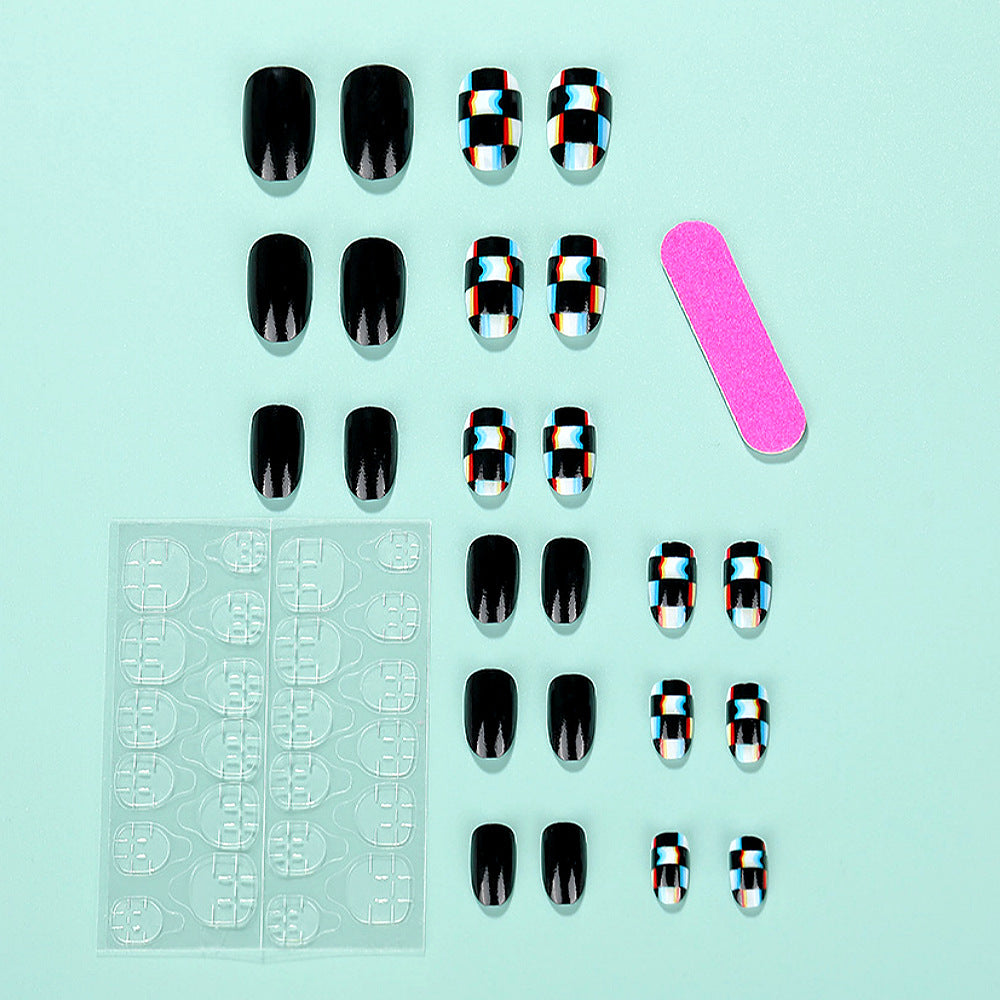 Checkerboard Press-On Nails – Glossy Square Design with Abstract Multicolor Accents