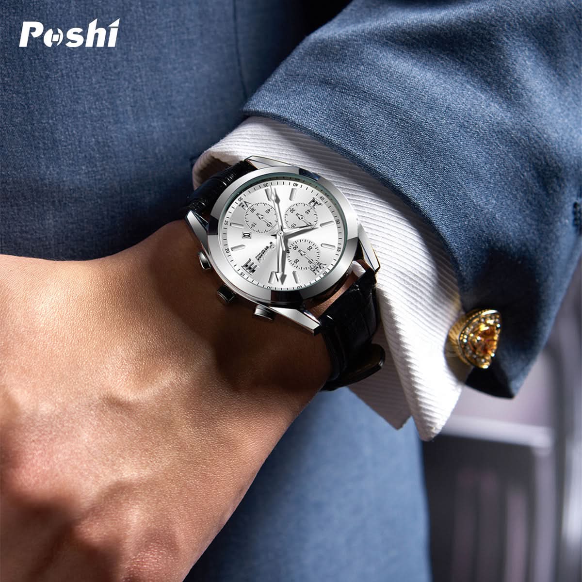 Men’s Luminous Dial Quartz Watch – Leather Strap, Calendar
