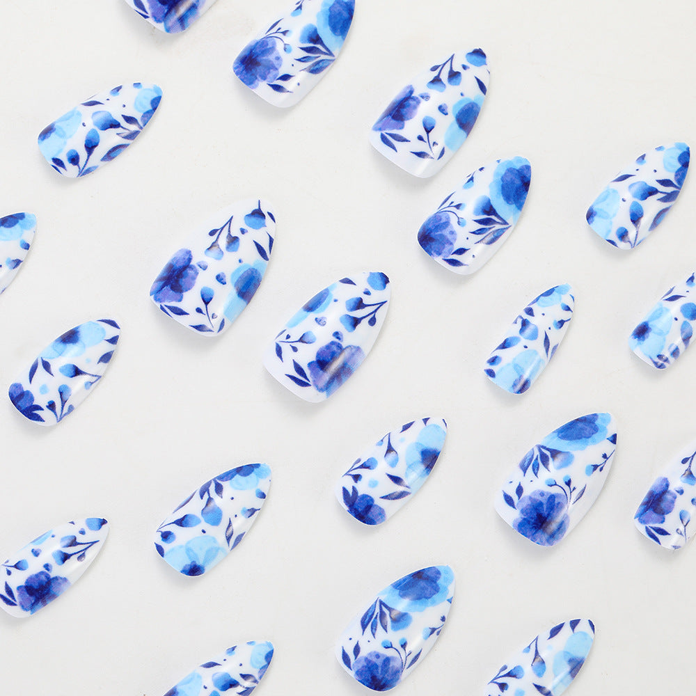 Blue Floral Almond Press-On Nails – Matte Porcelain-Inspired Acrylic Set