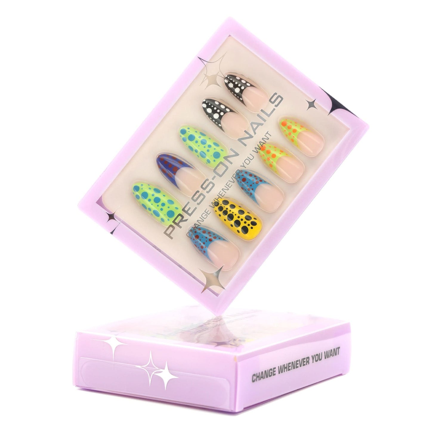 French Polka Dot Press-On Nails – Short Almond Shape, Colorful Nail Art Tips