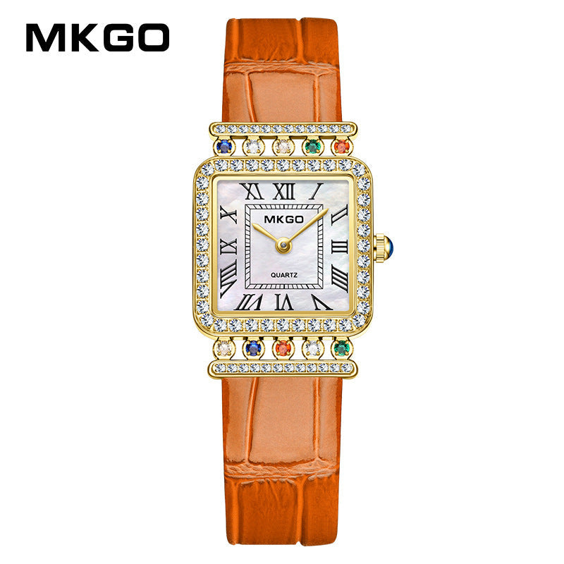 MKGO Luxury Women’s Square Quartz Watch with Diamonds – Roman Scale Leather Strap