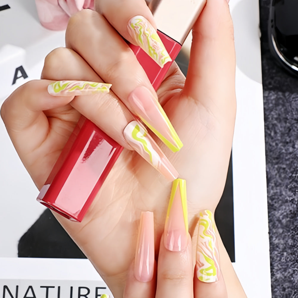 Extra Long Coffin Press-On Nails – Neon Yellow Marble Swirl Acrylic Tips