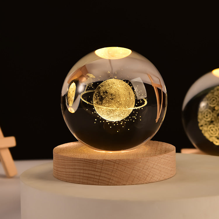 Astronaut Crystal Ball Night Light – 3D Carved Solar System LED Lamp with Wooden Base