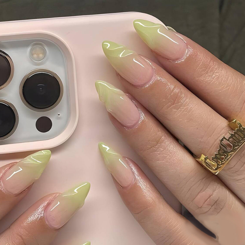 Green Gradient Stiletto Press-On Nails – Green Acrylic Tips with Glossy Ombre Design