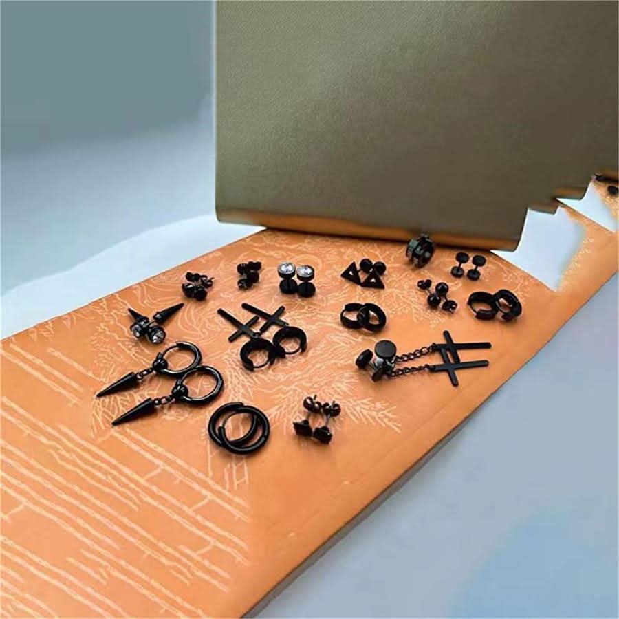 Men’s Black Geometric Stainless Steel Earrings Set (15-pairs)