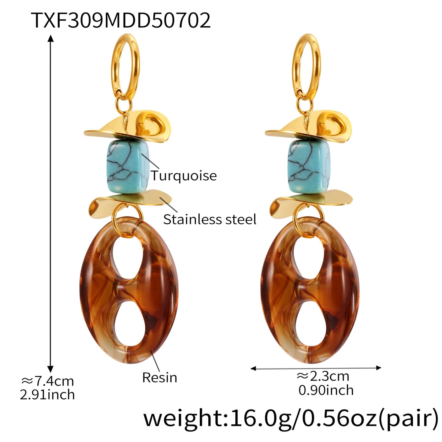 Turquoise Geometric Resin Earrings – Trendy Stainless Steel Chain Design for Women