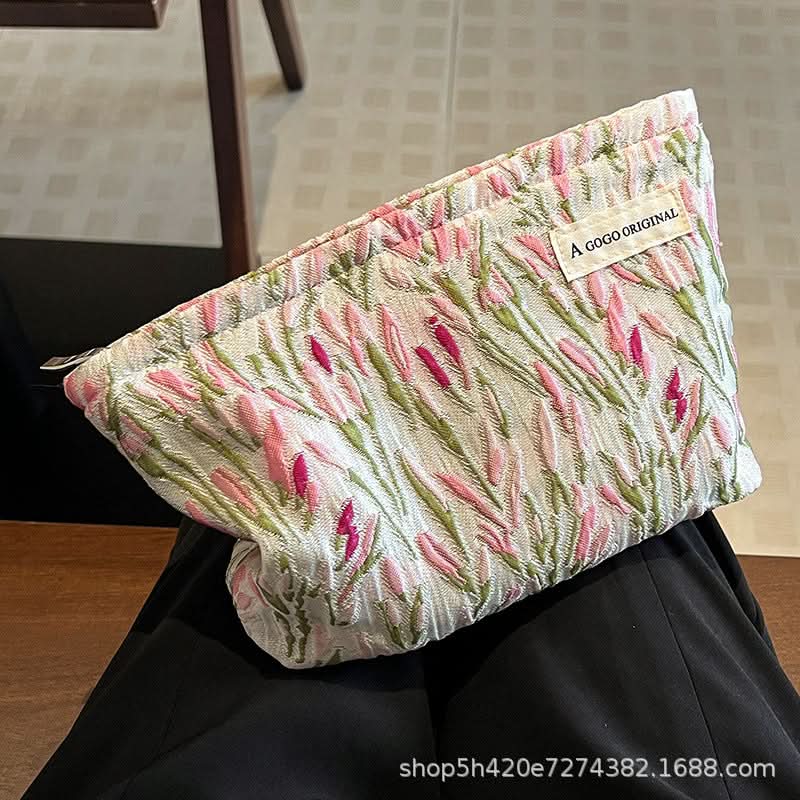 Fresh Tulip Canvas Makeup Bag – Large-Capacity Travel Cosmetic Pouch