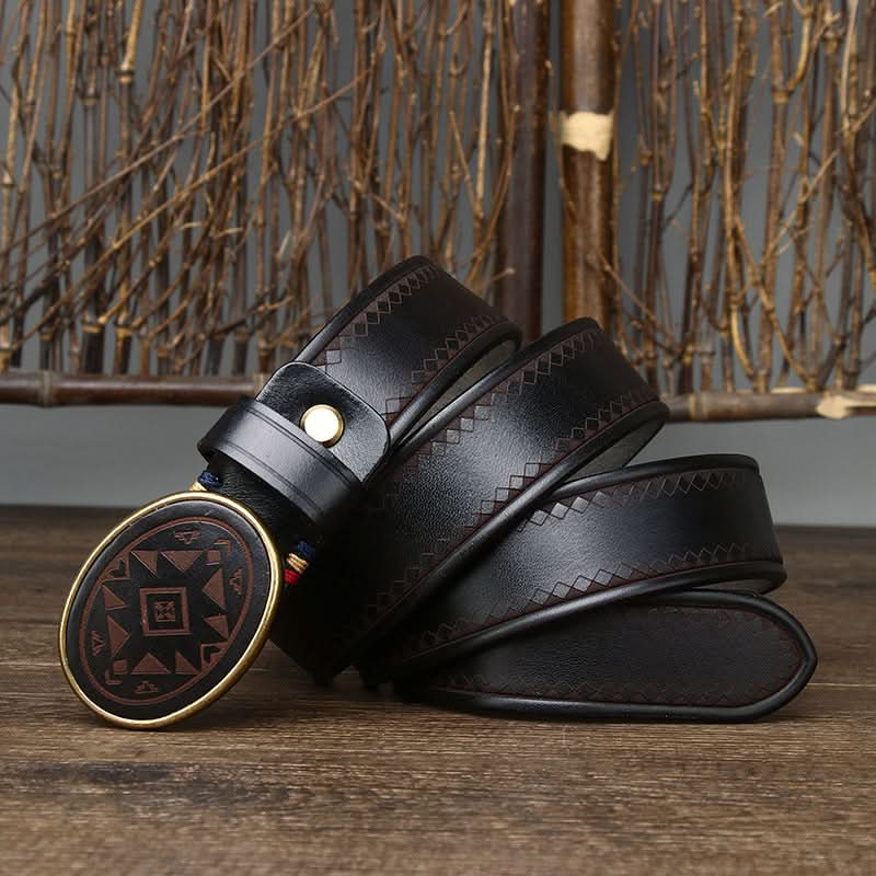 Men's Retro Style Laser Engraved Pattern Leather Belt – Classic Vintage Style