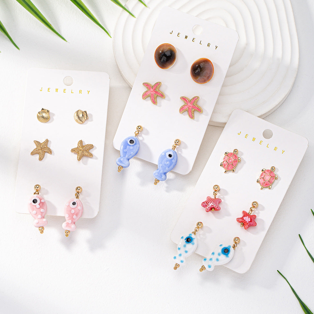 Women’s Ocean Earrings Set – Seashell, Starfish & Fish Holiday Jewelry (3 Pairs)